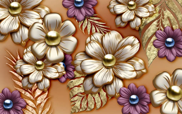 Arte Mural Flores Papel Parede Rosa Flores Douradas Fundo Laranja — Fotografia de Stock
