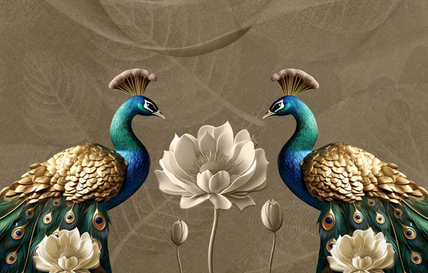 Boyutlu Duvar Kağıdı Renkli Tavus Kuşu Altın Çiçekler Boyutlu Duvar — Stok fotoğraf