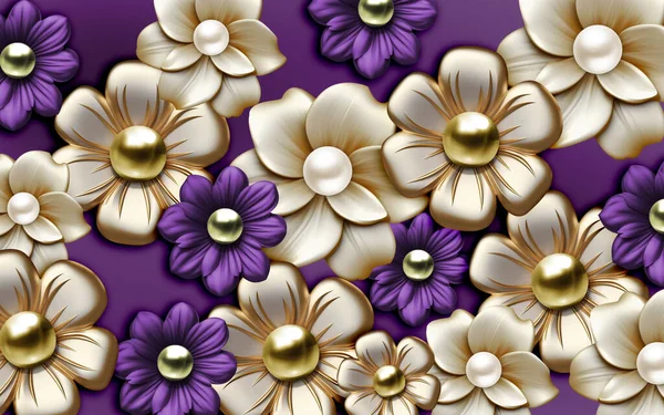 3d mural pattern flowers. golden and purple floral background