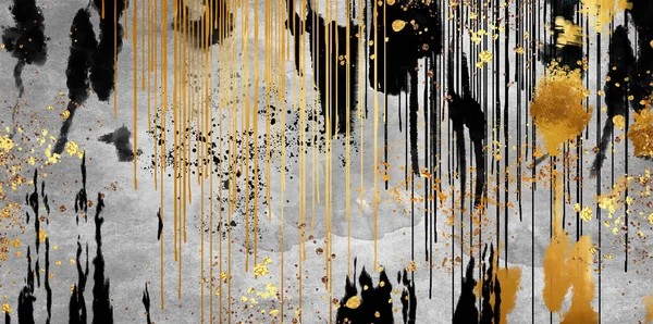 Abstract mural wallpaper. golden and black shapes in the paint drawing background. canvas artwork decor