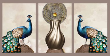 3d illustration wall art decor. golden vase, colorful peacock in painting artwork background clipart