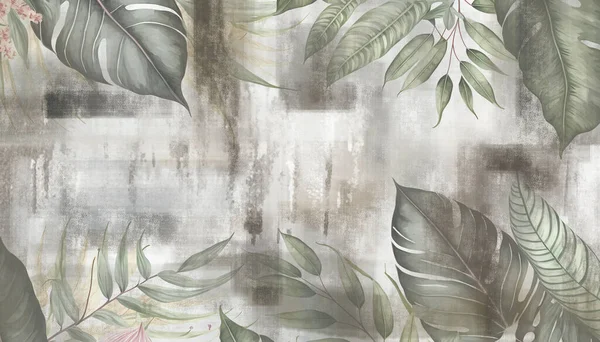 Τοιχογραφία Μοντέρνα Ταπετσαρία Χειροποίητα Τροπικά Φύλλα Αφηρημένο Σχέδιο Τέχνης Ελαφρύ — Φωτογραφία Αρχείου