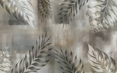 Üç boyutlu modern duvar kağıdı. El yapımı tropik yapraklar, soyut sanat çizimleri. Basit çiçek boyası arkaplanı, retro desenler