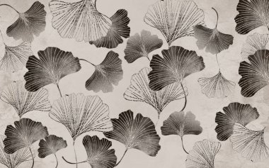 3D modern duvar kağıdı. Açık gri arka planda kahverengi altın ginkgo yaprakları. duvar dekorasyonu için sanat eserleri