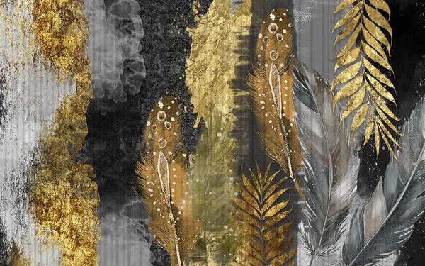 Κλασική Τοιχογραφία Ταπετσαρία Φύλλα Δέντρου Χρυσά Κλαδιά Και Φτερά Σχέδιο — Φωτογραφία Αρχείου