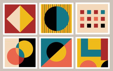 Renkli geometrik şekiller seti. Modern duvar posteri için daireler, çizgiler ve üçgenler