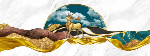 3d modern Landscape art mural wallpaper with golden, blue, and black mountains, white marble background. Golden deer in white marble