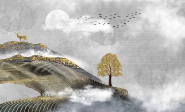 3D resimli manzara duvar kağıdı. Dağlar, ağaç, altın geyik ve açık gri arka planda bulutlar. Duvar yatak odası dekorasyonu