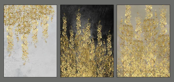 キャンバスウォールポスターアート 現代のノルディックアート作品ポスター ブラック グレー ベージュの背景に金色の枝 — ストック写真