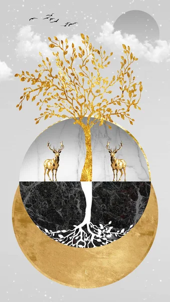 Canvas wall artwork. 3d Chinese landscape wallpaper art. golden trees and black marble mountains. deer and light gray background