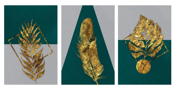 Καμβά Διακόσμηση Τοίχου Τέχνης Χρυσά Φύλλα Και Φτερά Γκρι Και — Φωτογραφία Αρχείου