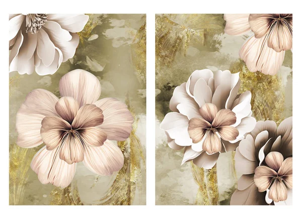 Floral Functional Canvas Art Watercolor Geode Painting Golden Wavy Shapes — Stock Photo, Image