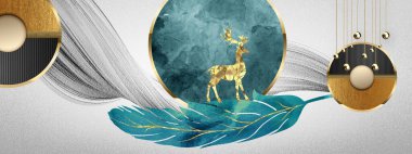 Tüylerin renkli çizimi, altın geyik ve açık gri arka planda modern çember. 3d Minimalist tuval duvar çerçeve dekoru