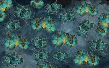 3 boyutlu fresk duvar kağıdı. Mavi ve turkuaz yapraklar mavi arkaplanı boyar. Oturma odası duvar dekoru