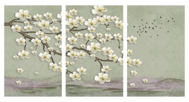 Açık yeşil arkaplanı olan 3D çiçek duvar kağıdı. Çiçek dalları, dağlar. duvar posteri dekorasyonu için modern manzara sanatı