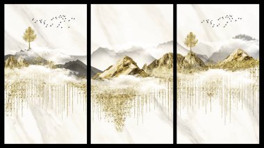 3D duvar posteri. Modern Peyzaj Sanat Duvar Kağıdı Altın ağaç, altın çizgiler ve dağ ve beyaz mermer zemin üzerinde kuşlar. 