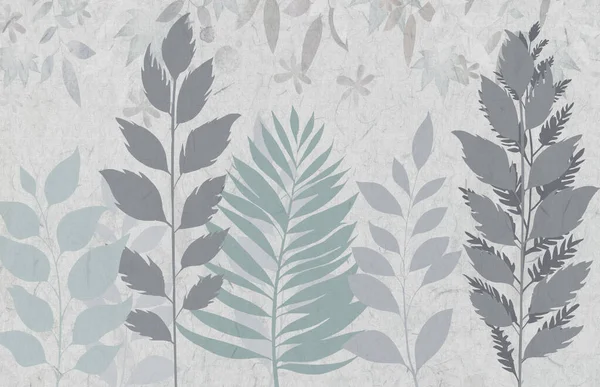 3d Mural wallpaper. gray, golden and turquoise leaves branches on drawing background. bedroom home wall decoration