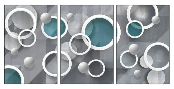 3d illustration wallpaper home decor. light green, and white circles on paint light gray wall background