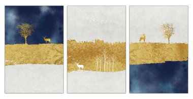 Duvardaki resim tuvali çerçevesi. Gri, mavi ve altın arkaplan. Altın ağaç, şekiller, dağlar