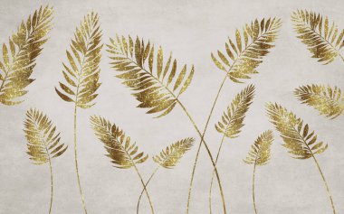 3D klasik duvar kağıdı. Altın tropikal dallar açık fresk arkaplanında yapraklar. Yatak odası dekorasyon sanatı