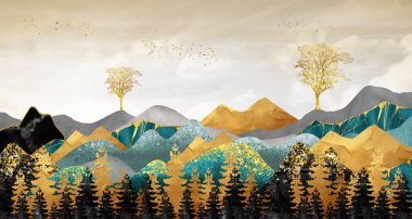 Üç parça duvar çerçeveli tuval duvar kağıdı. Altın, turkuaz, mavi ve siyah renkli dağlar. 3D manzara üzerinde noel ağaçları var.