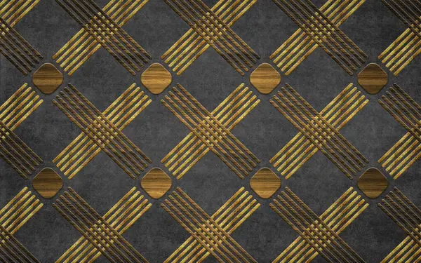 3d render abstract pattern illustration mural modern wallpaper. golden wavy lines and cubes on a black marble background. living room and bedroom wall decor and carpet design