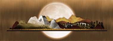 Çin gece manzarası sanatı. Siyah, kahverengi ve altın rengi dağlar çizerler. Orman ağaçları, gökyüzü büyük ay arka planında. 3D modern tuval resim duvar kağıdı