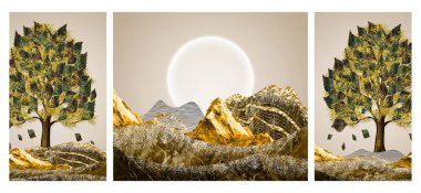 3D duvar kağıdı arka planı, Noel ağacı yaprakları, dağlar ve mermer dağlar. boya bezi oturma odasının çerçeve duvarı