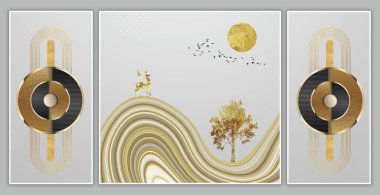 Modern asgari duvar poster tuvali sanatı. Dalgalı mermer, ağaç, güneş ve geyik boyası. Açık gri arkaplanda soyut altın halkalar.