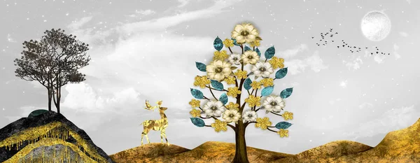 3d illustration hill wallpaper landscape arts. colorful trees with golden and black mountains on a light white gray background with birds and sun.
