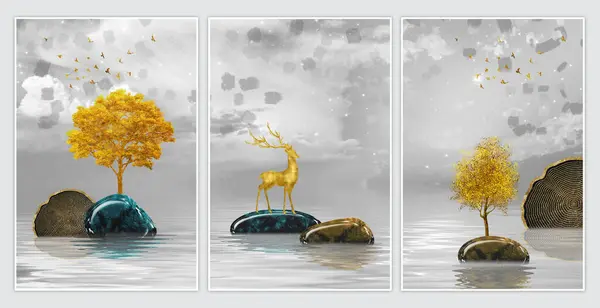 3d chinese landscape. golden tree and birds , mountains and white clouds on gray background. blue, brown stone on water. Wall canvas art print