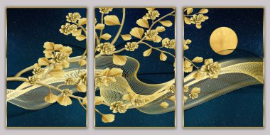 3d illustration mural wallpaper. golden tree with flowers, moon, waves and ginkgo leaves on dark black background. art canvas poster wall decoration  clipart