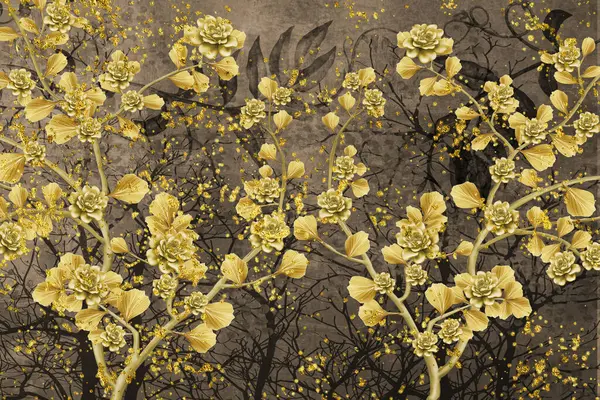 3d illustration floral mural wallpaper. golden tree forest with flowers, moon, waves and ginkgo leaves on dark black background. art canvas wall decoration