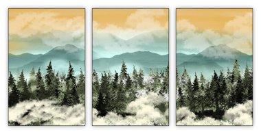 3d mural illustration drawing landscape forest tree wallpaper. white clouds and mountains. background for canvas wall decorative clipart