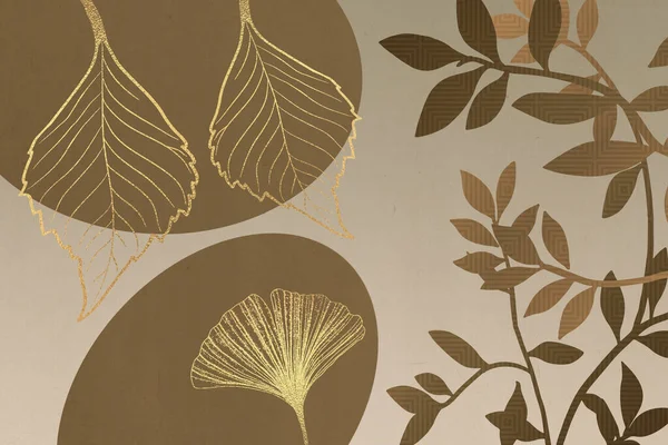 3d mural modern wallpaper for bedroom decoration. golden leaf and brown leaves branches on beige background