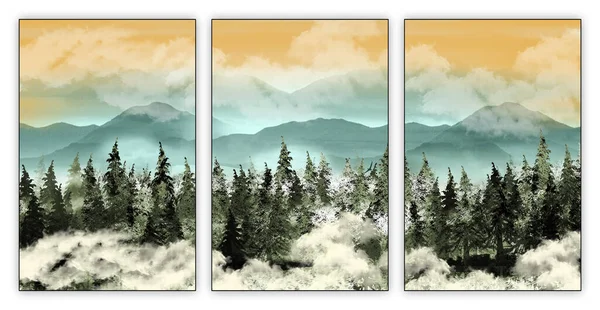 3d mural illustration drawing landscape forest tree wallpaper. white clouds and mountains. background for canvas wall decorative