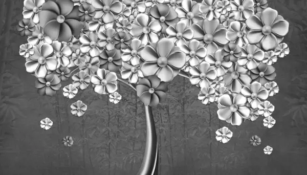 3d wallpaper abstract floral tree background black and white flowers. Mural for interior home wall decor