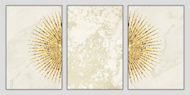 Modern sanat eserleri 3 adet duvar posteri. Bej arka plan dekorasyon sanatında altın güneş