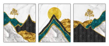 Üç parça duvar çerçeve tuvali. Altın turkuaz mavi ve gri renkli dağlar ve altın güneş, ağaç. 3d manzara arkaplanı