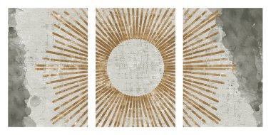 Modern asgari sanat eseri. 3 adet duvar posteri. Altın güneş bej ve gri arka plan dekorasyonu sanat duvarı poster dekorasyonu