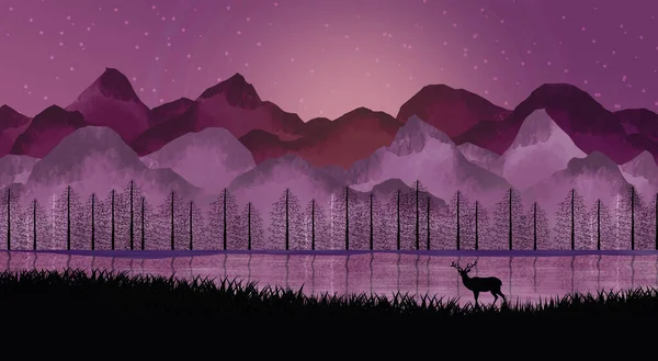 3d illustration wallpaper night snowy landscape. purple mountains and sun with clouds. black herps, tree and deer and stars