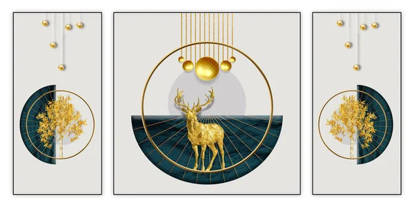 Modern minimal wall poster canvas art. paint golden wavy marble, tree, sun and deer. Abstract golden black circles on light gray background.