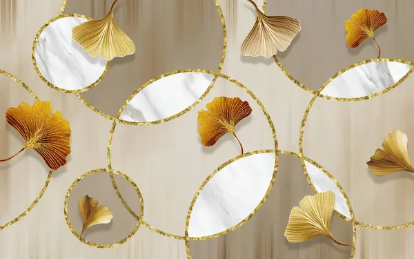 3d mural wallpaper geometric circle marble shapes. golden, white and brown shapes. golden ginkgo leaves. Modern interior bedroom home wall and carpet decor