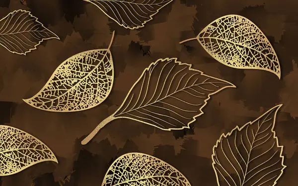3d brown art wallpaper mural. golden leaves and dots. Chinese gold pattern leaf background