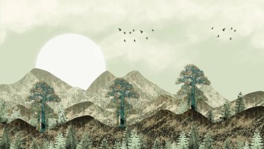3D modern tuval resim duvar kağıdı manzara ay, altın noel ağaçları, koyu yeşil dağlar 