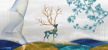 3D modern sanat duvar kâğıdı, arka planı aydınlık. Manzara, geyik, Noel ağacı, turkuaz dağlar. Duvarlarda çerçeve olarak kullanmak için.