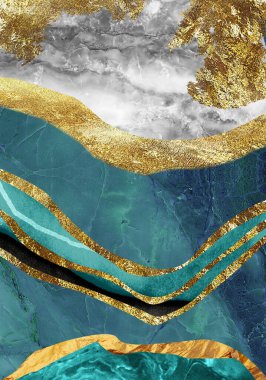 Duvar iskeleti için üç boyutlu dikey duvar kağıdı. Reçine jeot ve soyut sanat, fonksiyonel sanat, suluboya jeot resim gibi. altın, mavi, turkuaz, siyah, gri, beyaz ve gri mermer arka plan