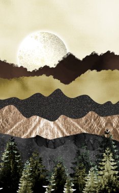 3D modern sanat duvar kâğıdı koyu mavi orman, koyu mavi arka plan renkli Noel ağacı, altın geyik ve dalgalı renkli dağlar. Duvardaki duvar iskeleti için.