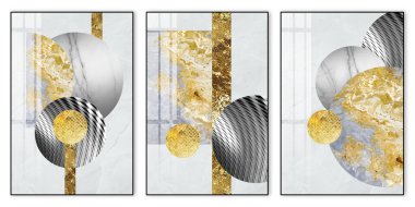 Modern duvar posterleri modern sanat eserleri. Açık gri arkaplanda 3D altın ve gri mermer.