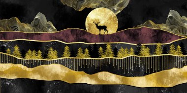 3D resimli duvar kâğıdı manzara sanatı. Kırmızı, siyah ve altın rengi dağları olan Noel ağaçları gece arkaplanında kuşlarla.